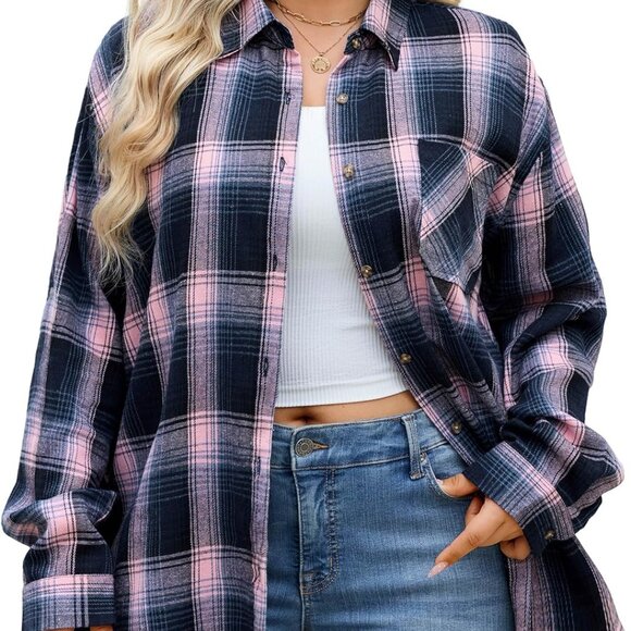 Chic Plus Size Women's Pink Flannel Plaid Button Down Shirt - Cozy Fall Fashion - Picture 1 of 6